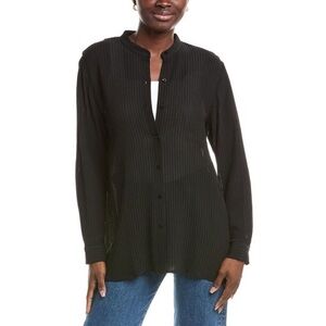 EILEEN FISHER SILK BLACK PINSTRIPED SHIRT BUTTON UP MANDARIN COLLAR SIZE SMALL